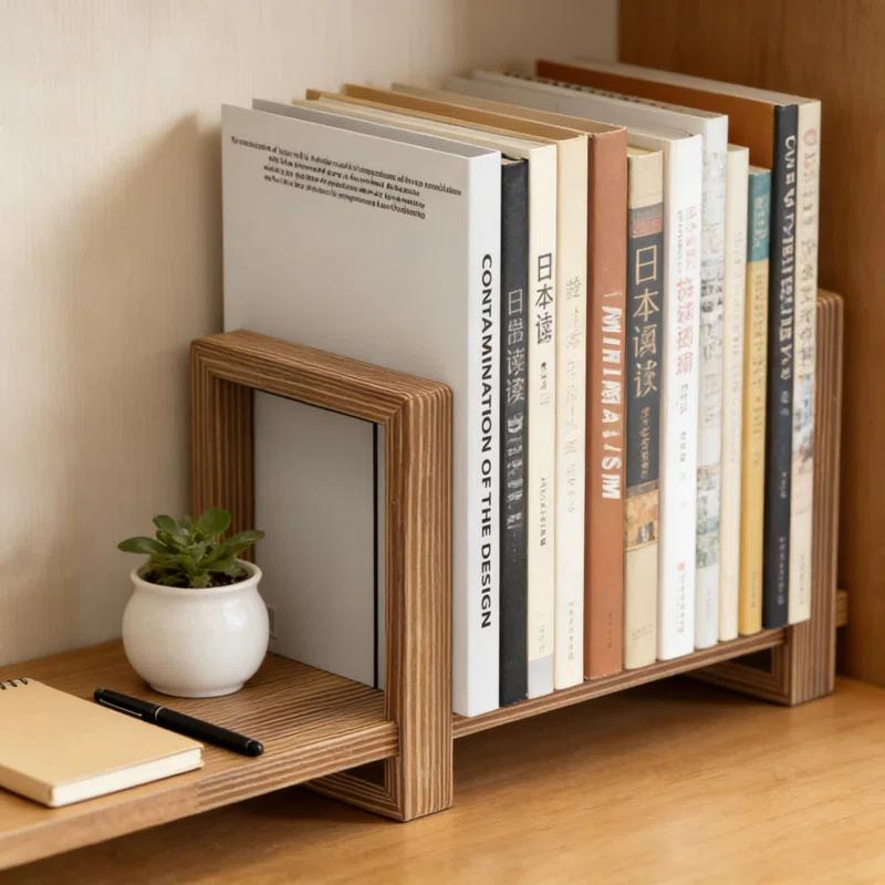 Adjustable Desktop Bookshelf, Wooden Tabletop Book Organizer With Sliding Panels
