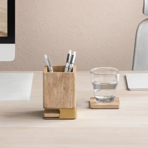 Solid Wood Pen Holder with 2 Coasters